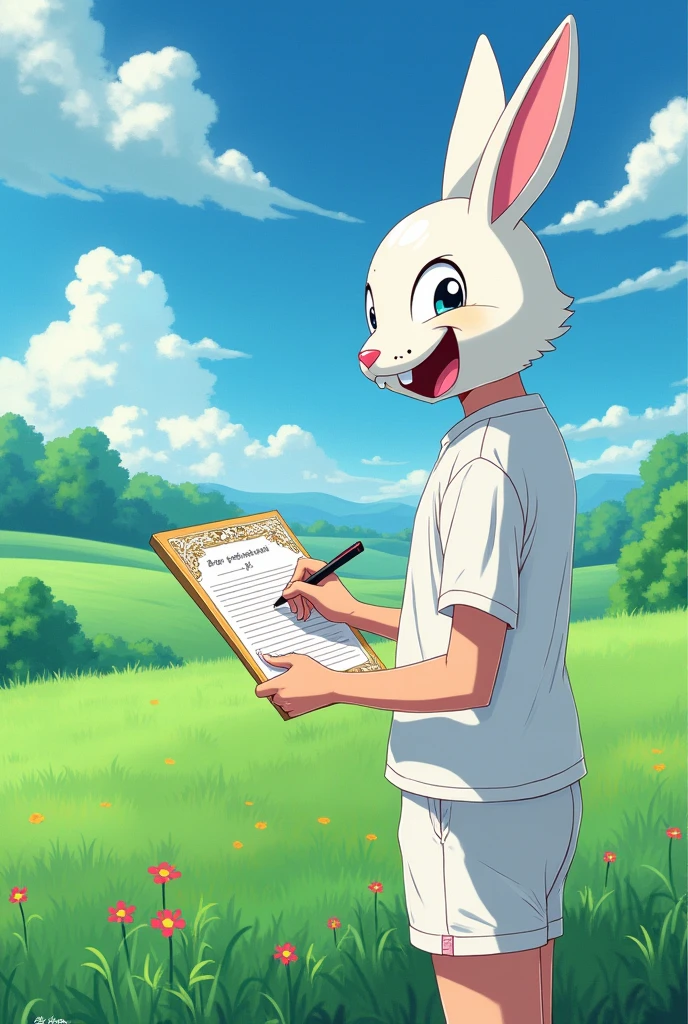  with shorts and white shirt and talking rabbit mask he signs up on a green anime field