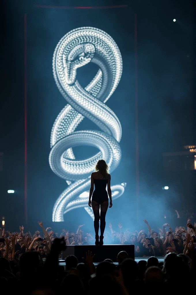 Taylor Swift in a black outfit with snakes advertising the reputation taylor s version on the big screen at her concert 