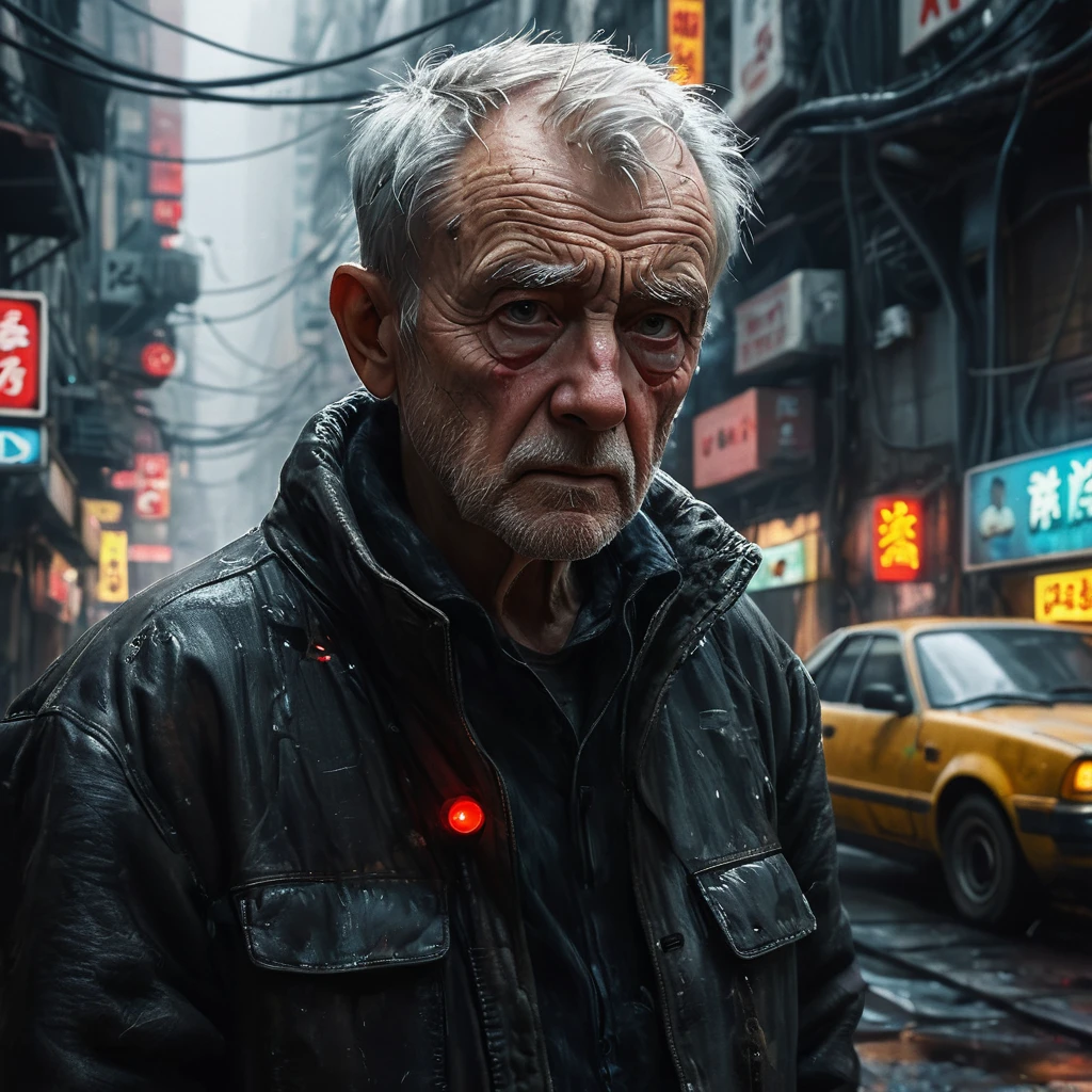 (masterpiece, 8k, best quality:1.2), album cover shoot, photorealistic, hyper detailed, cinematic, sad, arri alexa 65, film, portra 400, an old man, the old is in the middle of a distopian blade runner type street, the old man is the very essence of "broken and bowed", neon and haze and cars and flying cars and people all ignoring this baby, night time,