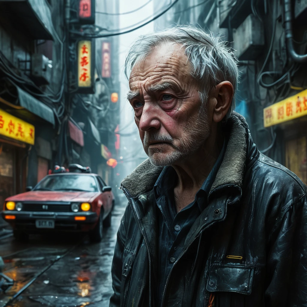 (masterpiece, 8k, best quality:1.2), album cover shoot, photorealistic, hyper detailed, cinematic, sad, arri alexa 65, film, portra 400, an old man, the old is in the middle of a distopian blade runner type street, the old man is the very essence of "broken and bowed", neon and haze and cars and flying cars and people all ignoring this , night time,