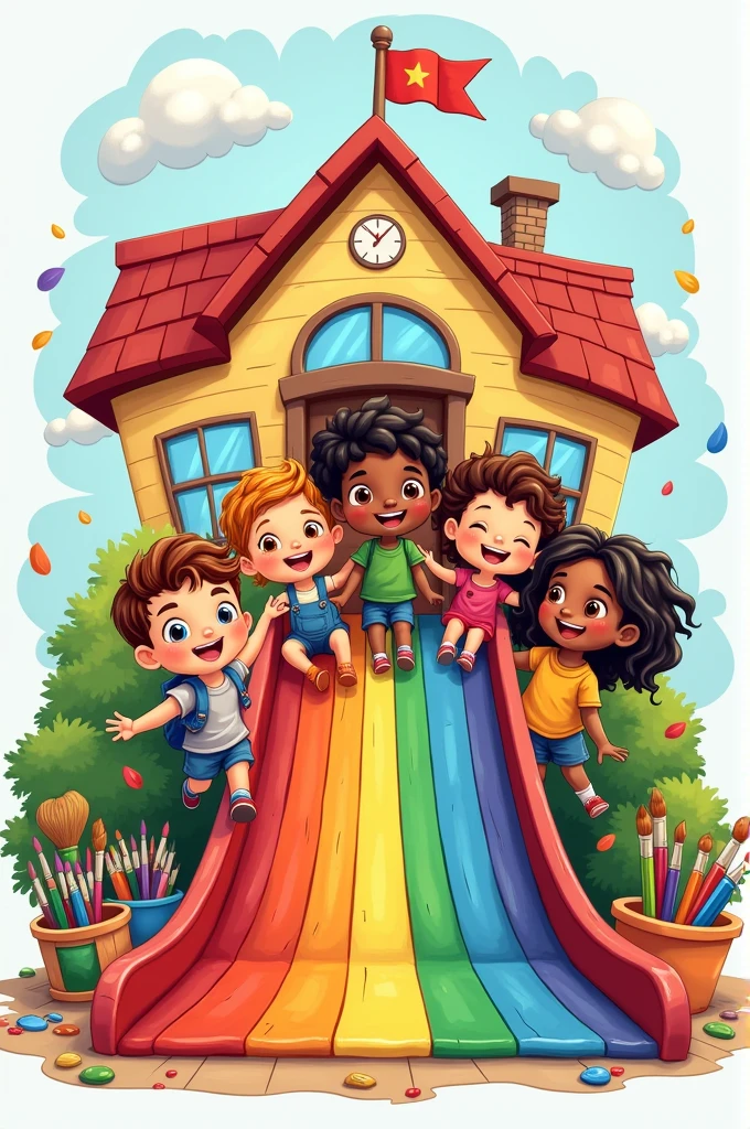 Easy drawing of children sliding down a rainbow with paintbrushes and art supplies behind a school