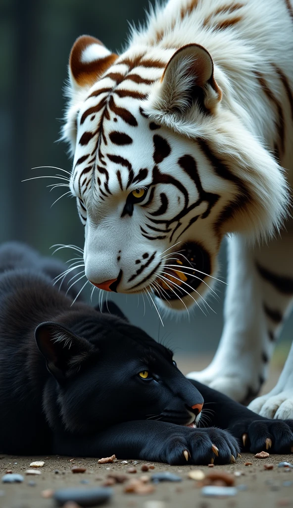 "Create a hyper-realistic image showing a dramatic scene between a black panther and a white tiger. The image features a defeated black panther lying on the ground, clearly exhausted and beaten. Nearby, the enormous, powerful white tiger dominates the scene as the clear winner. The white tiger, depicted as a majestic and imposing predator, has sharp teeth and an imposing size that contrasts with the vulnerable position of the black panther. The setting is stark and emphasizes the black panther's loss and the white tiger's dominance. The details of both animals are extremely realistic, focusing on the black panther's fur texture and the white tiger's fur and teeth. The image is in portrait orientation with a resolution of 1080x1920."