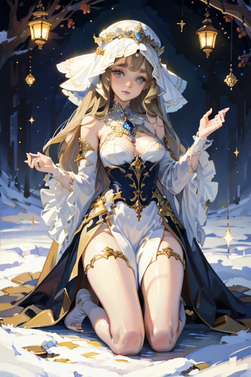 (Masterpiece: 1.5, Best Quality, High Resolution: 1.3, Super Resolution, Super Detailed, Ultra Detailed: 1.3, Perfect Anatomy:1.5, 1 female) pale skin + short white curly hair + delicate blue eyes + long eyelashes + feminine figure (fallen veil, modest clothing, dress large, no skin showing, kneeling) ((open eyes, shy expression, luminous eyes))