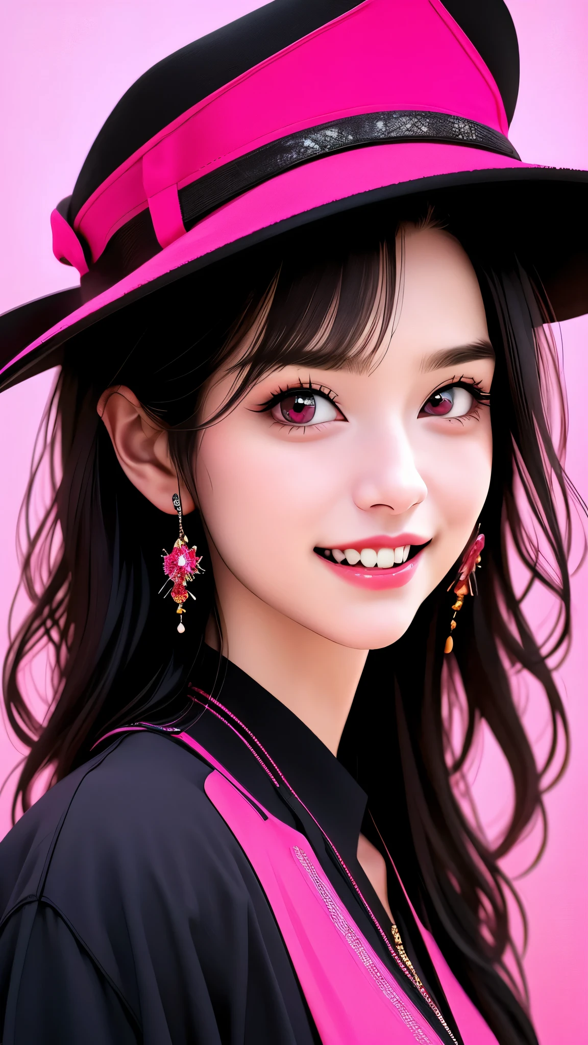 1girl, sparkly, pink background, red background, hat, open mouth, solo, black headwear, teeth, bangs, breasts, gradient background, pink eyes, looking at viewer, gradient, sharp teeth, smiling, black hair, long hair, upper body, (best quality,4k,8k,highres,masterpiece:1.2),ultra-detailed,(realistic,photorealistic,photo-realistic:1.37), vivid colors, portrait