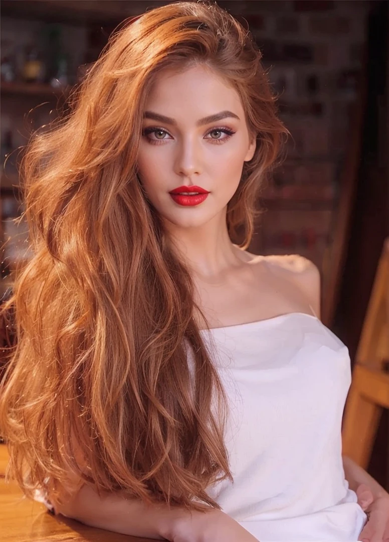 There is a woman with long hair and red lipstick, gorgeous attractive face, beautiful and attractive face, face with full makeup,