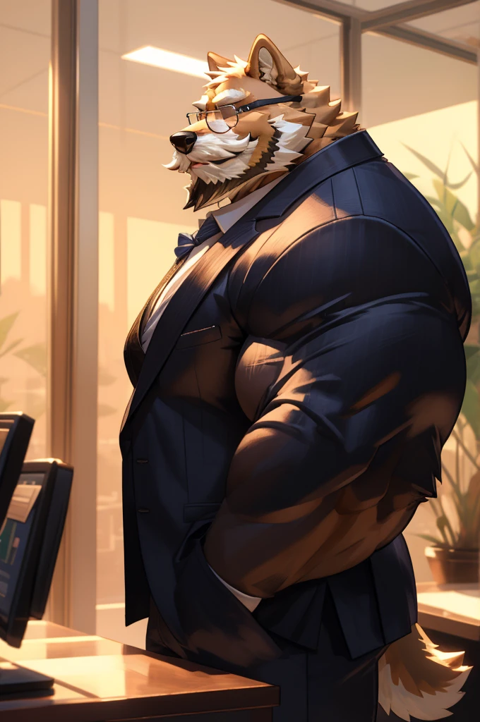 1boy, 1man, solo, a (furry Shiba Inu) standing, flexing muscle,(face, detailed face, bearded, white beard, thick mustache, glasses), office, massive muscular , sixpack, (suits), well-muscled old man. ((thick arms, huge pec, huge arms)), wide smiling. Add textures and details to make the image more realistic, such as the appearance of the. Make sure the resulting image is high resolution, 8K quality