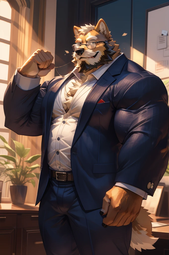 1boy, 1man, solo, a (furry Shiba Inu) standing, flexing muscle,(face, detailed face, bearded, white beard, thick mustache, glasses), office, massive muscular , sixpack, (suits), well-muscled old man. ((thick arms, huge pec, huge arms)), wide smiling. Add textures and details to make the image more realistic, such as the appearance of the. Make sure the resulting image is high resolution, 8K quality