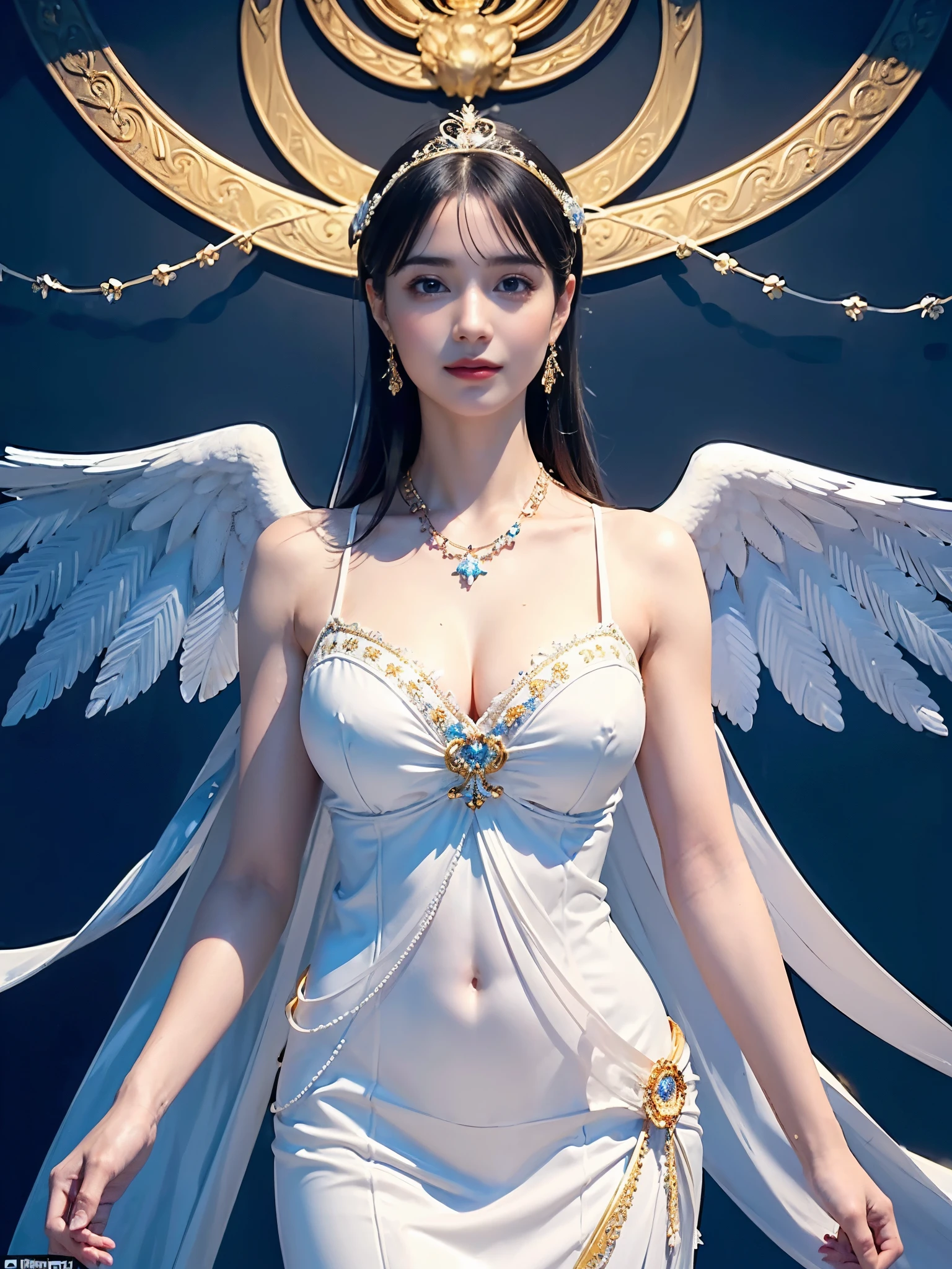 ((Very beautiful angel queen,The final form as a perfect angel, the masterpiece of an angel,Huge and intricate angel wings,The most dignified wings,Golden light,shining background,The most opulent and holy temple background,White and gold temple background,King of Angels, The most dignified angel, ((extremely detailed beautiful dresses)), (Intricate and solemn dresses, Light blue and gold embellishment dress on white, Light blue and gold dress on white base), (The most intricate and beautiful dresses, dresses decorated with some expensive jewels), ((extremely detailed gorgeous jeweled necklace)), Complex and majestic angel figure, The most intricately depicted figure of an angel, The World's Most Beautiful, Unimaginable beauties, (slim figure, attractive body shape, divine atmosphere), (smooth thin hair very fluttering in the wind, shiny hair), Intricate reproduction of the perfect angelic detail, The figure of an unimaginably gorgeous angel, The figure of an unimaginably huge angel)),((Most beautiful face, Half Japan and half Spanish, The biggest happy smile, The most luxurious and intricate dresses, The biggest smile looking at the camera)), Beautiful firm cleavage, beautiful clavicle, (Beautiful firm medium breasts), (Elegant standing figure, Fold your hands in front of your navel,)),Chest that seems to burst, Giant wings of angels, The background is the appearance of a perfect angel castle,Masterpiece,8K,very intricate, ultra detailliart, captivating and visually stunning piece of fractal art featuring, created by a renowned artist, vibrant colors. Formal artistic quality with strong aesthetic appeal.
