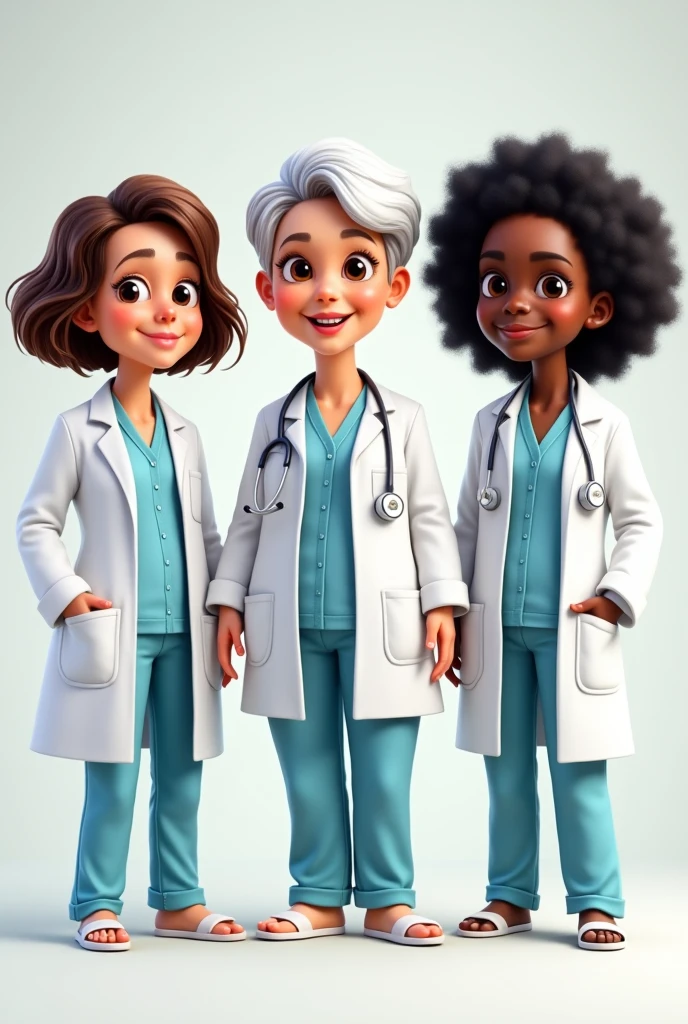 Create 3 Barbie-type caricatures with medical pajamas and a doctor&#39;s coat, one that is a lady with short brown hair and a medium-chubby body , brown eyes, the other one has short white hair, brown eyes and the other one has curly black hair and black eyes ,adult women