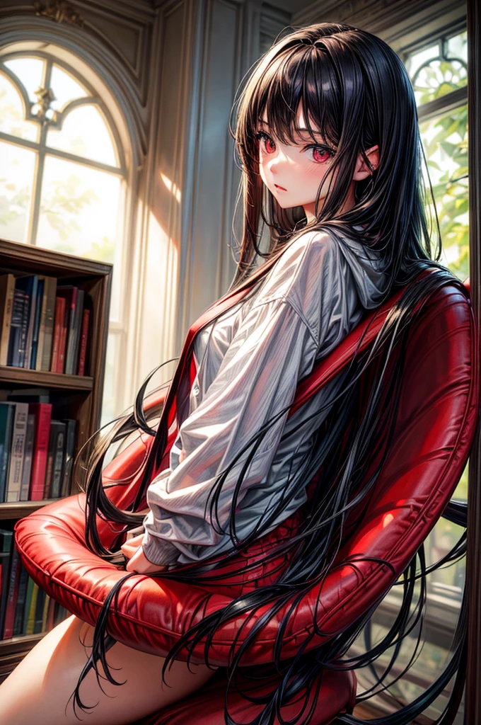 Best quality, masterpiece, ultra high res, (photorealistic:1.4), raw photo, 1girl, young, expressionless, in a library, black hair, long hair, bright red eyes, oversized hoodie, red spider lily