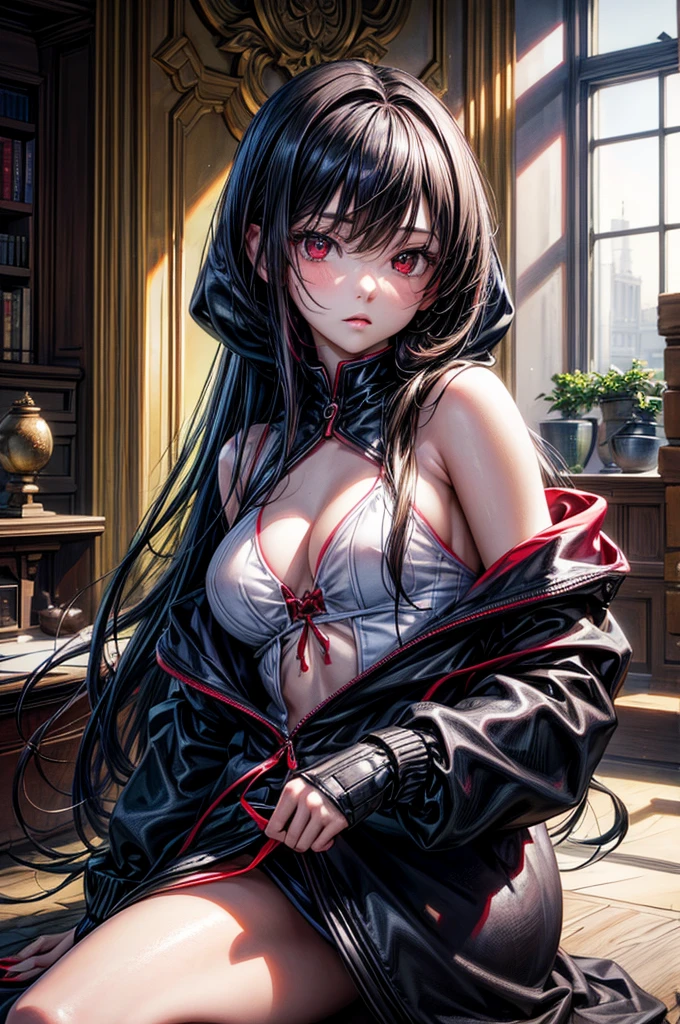 Best quality, masterpiece, ultra high res, (photorealistic:1.4), raw photo, 1girl, young, expressionless, in a library, black hair, long hair, bright red eyes, oversized hoodie, red spider lily