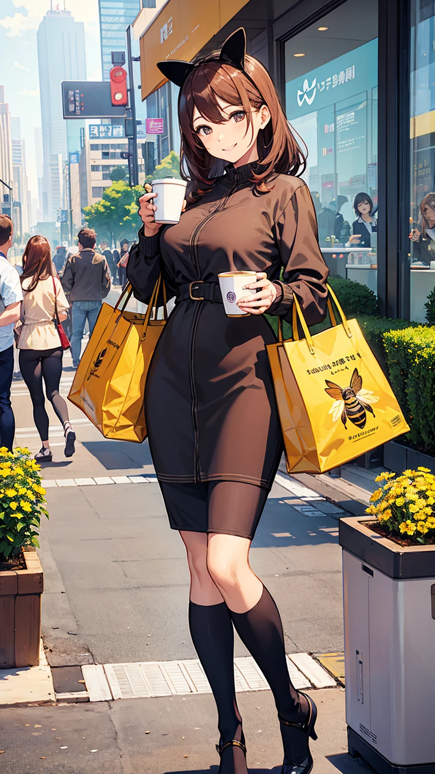 Coffee time for the bee beauty。Smiling and looking at camera。Realistic honeybee。Big city streetscape in the background。