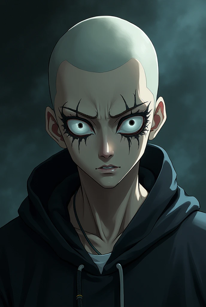 Young man, ,  1,79 tall, 78 kilos, shaved hair, Caucasian skin, plain clothes and white eyes with black pupils, Demon Slayer anime style.