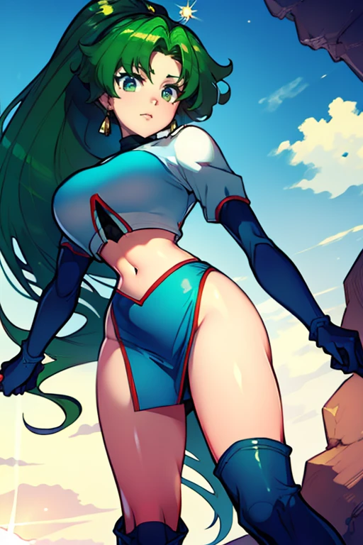 Jessie,  green  curly hair,  green eyes,  team rocket,  green  pantyhose,  high  knee boots,  gloves,  sun shiny day 