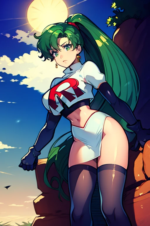 Jessie, green curly hair, green eyes, team rocket, green pantyhose, high knee boots, gloves, sun shiny day