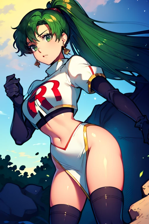 Jessie,  green  curly hair,  green eyes,  team rocket,  green  pantyhose,  high  knee boots,  gloves,  sun shiny day 