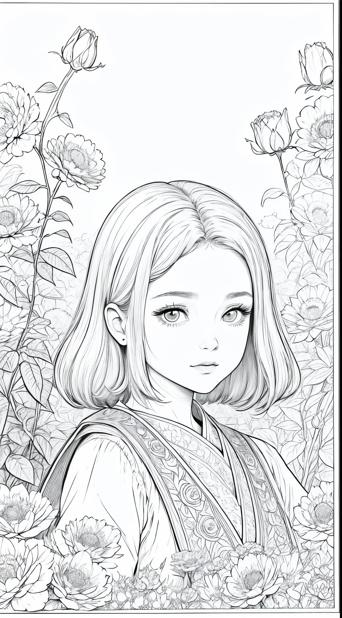 As a coloring book, white and black color, borders should be simple, clear, distinct, and thick lines, By Cartoon picture book of a beautiful Asian girl with short brown hair, A girl looking at camera, (field of roses), (Closeup), retrato, nuvem, arte de linha