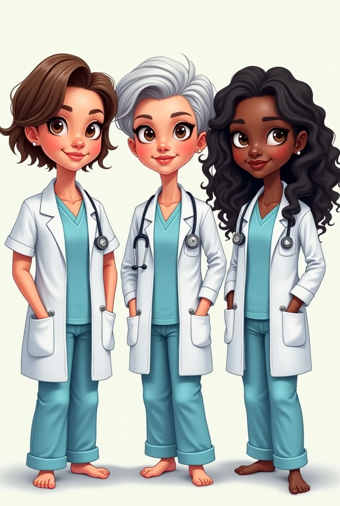 Create 3 Barbie-type caricatures with medical pajamas and a doctor's coat, one that is a lady with short brown hair and a medium-chubby body , brown eyes, the other one has short white hair, brown eyes and the other one has curly black hair and black eyes ,adult women