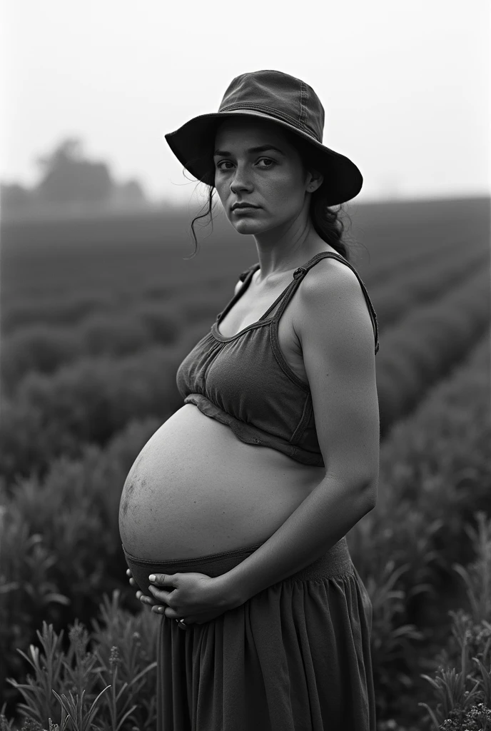 A 20yo pregnant woman in 1920s era, working in field, sad, wide angle shot, black and white