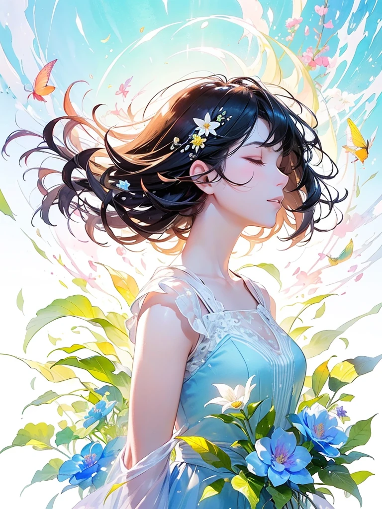 (masterpiece、Highest quality、Highest quality、Beautiful and beautiful:1.2)、Excellent anatomy、（Watercolor painting 1.5）、Long Shot、straight short hair images、Trendy Hair Color, Beautiful Face、Beautiful profile, Looking up to the sky, I close my eyes and pray, Fairy, 蝶のFairyのコスチューム、Pure white、Pure、charm, Colorful flowers of different colors, Flower and leaf wind、Botanical Art,
