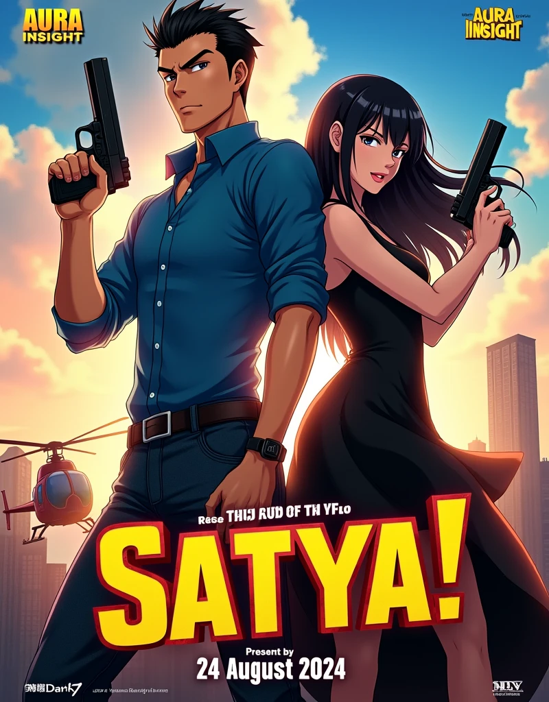 CREATE A ANIME STYLE LANDSCAPE IMAGE. Anime Movie poster with a dynamic and action-packed style. The layout features two central figures, a man and a woman, standing closely together. The man has a light skin, and short, styled hair, wearing a blue shirt with rolled-up sleeves and jeans, holding a gun in his right hand. The woman has long, wavy dark hair, light skin, and is dressed in a black, sleeveless dress with a short hemline, also holding a gun in her left hand. Both have intense facial expressions. The background includes a helicopter and a cityscape, suggesting an action setting. The title 'SATYA!' is prominently displayed in bold, yellow and red letters with a slight tilt, positioned at the bottom left. Additional text includes 'AURA INSIGHT' in yellow, 'PRESENT BY DARK7 ' in white, and the release date '24 AUGUST 2024' in large, white letters at the bottom center. The overall color scheme is vibrant, with a mix of warm and cool tones.