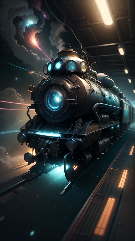 Fantasy，8k,Extremely detailed, masterpiece,High resolution,Highest quality,Increase the resolution,Cinema Lighting,Different space，4 dimensional world，Night on the Galaxy Express，cyber-，light blue body，Train-shaped spaceship，Steam locomotive-type spaceship，Maneuvering with a fusion reactor，30-car train、Run through the space zone，Numerous stars，Many Galaxies，Milky Way，Cruising at the speed of light，Seeing the Earth in the distance，Super Express，Andromeda Galaxy visible，Wide angle of view，Vision，Floating in the air，In the dazzling light，Extremely colorful，You can see the whole spaceship，Trains in an S-shape，colorful cloud nebula，The whole universe glows blue