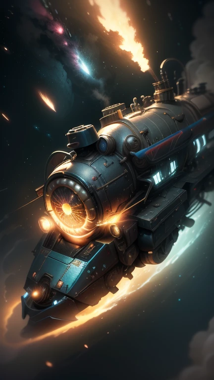Fantasy，8k,Extremely detailed, masterpiece,High resolution,Highest quality,Increase the resolution,Cinema Lighting,Different space，4 dimensional world，Night on the Galaxy Express，cyber-，light blue body，Train-shaped spaceship，Steam locomotive-type spaceship，Maneuvering with a fusion reactor，30-car train、Run through the space zone，Numerous stars，Many Galaxies，Milky Way，Cruising at the speed of light，Seeing the Earth in the distance，Super Express，Andromeda Galaxy visible，Wide angle of view，Vision，Floating in the air，In the dazzling light，Extremely colorful，You can see the whole spaceship，Trains in an S-shape，colorful cloud nebula，The whole universe glows blue