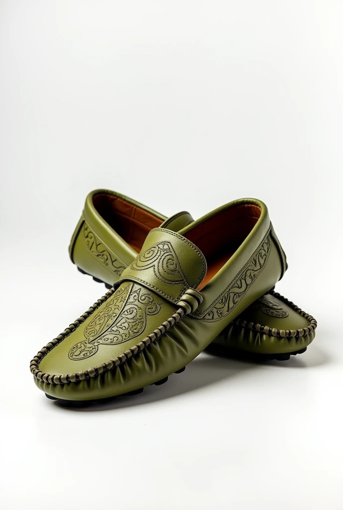 create a men's moccasin,olive green, with a beautiful and unique design on a white background (front and side product photo)