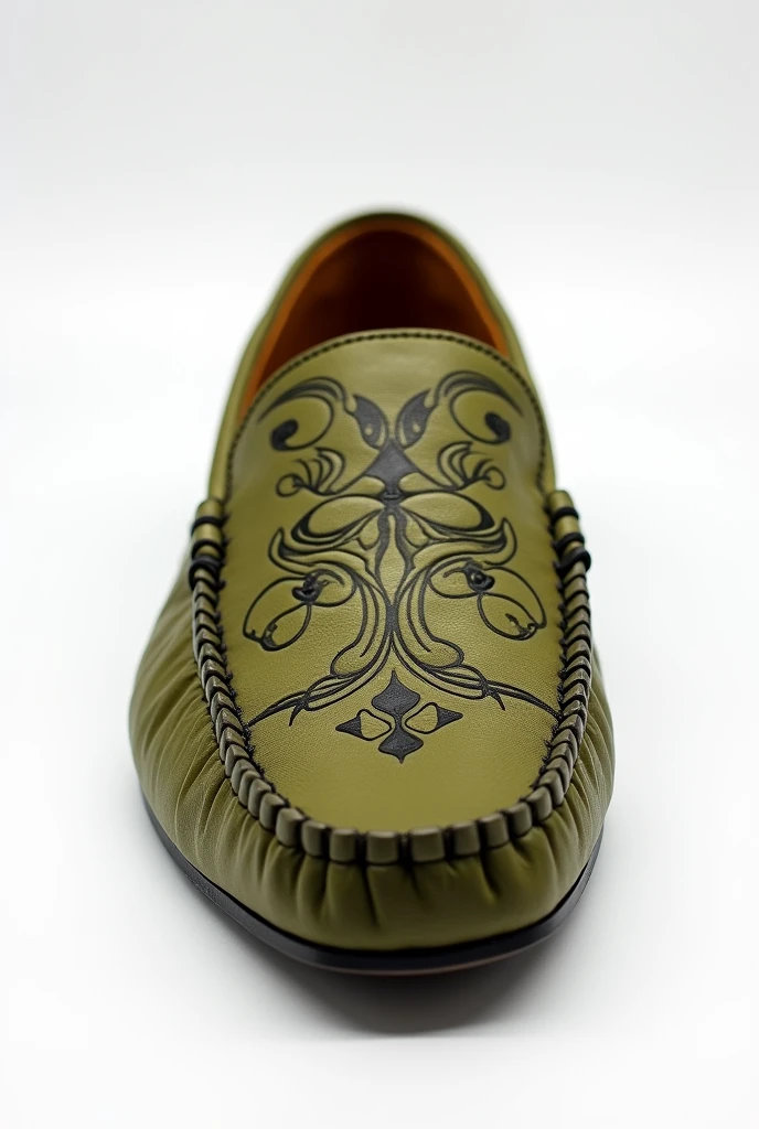 create a men's moccasin,olive green, with a beautiful and unique design on a white background (front and side product photo)