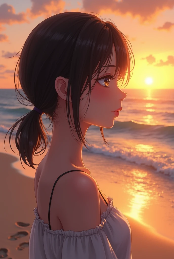Highest quality、High resolution、Detailed Background、(Beautiful face in every detail:1.4)、Anatomically correct、Highly detailed face、Anime beauties in their twenties、Perfect body line、ponytail、Bobcut、
(A beautiful woman is seen from behind gazing at the sunset at the end of summer:1.5)、
At dusk on the beach、A gentle light shines on the water surface.、The footprints on the sand create a lonely atmosphere.、A girl in a summer dress、He looks sad as he gazes into the distant horizon、In the quiet scenery that brings to mind the end of summer、I can imagine what's going on in the girl's mind.、Loneliness and sadness、And a scene that makes you feel something to look forward to、
In the midst of nature's transitions、The girl's feelings may also change.、very beautiful