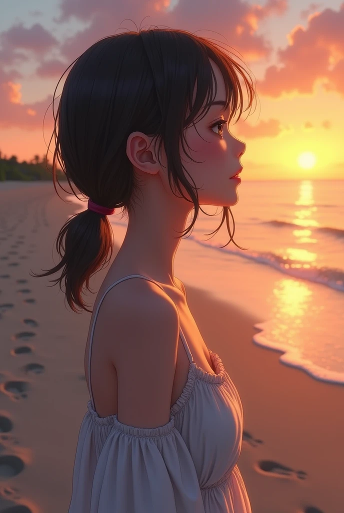 Highest quality、High resolution、Detailed Background、(Beautiful face in every detail:1.4)、Anatomically correct、Highly detailed face、Anime beauties in their twenties、Perfect body line、ponytail、Bobcut、
(A beautiful woman is seen from behind gazing at the sunset at the end of summer:1.5)、
At dusk on the beach、A gentle light shines on the water surface.、The footprints on the sand create a lonely atmosphere.、A girl in a summer dress、He looks sad as he gazes into the distant horizon、In the quiet scenery that brings to mind the end of summer、I can imagine what's going on in the girl's mind.、Loneliness and sadness、And a scene that makes you feel something to look forward to、
In the midst of nature's transitions、The girl's feelings may also change.、very beautiful