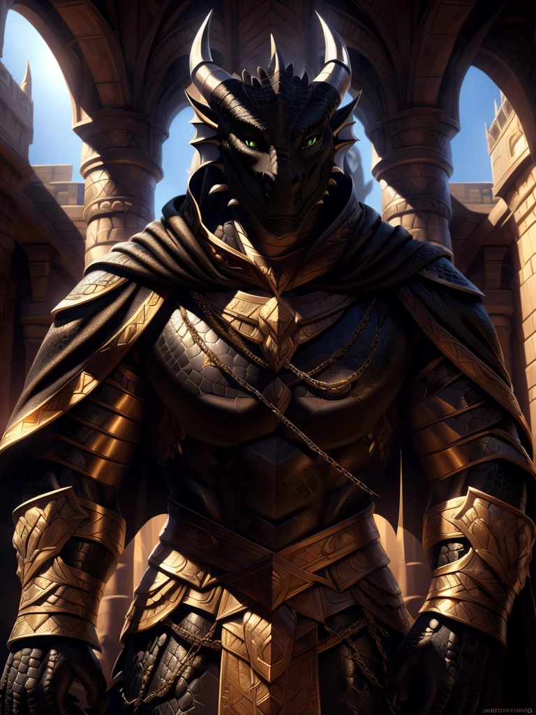 Realistic, detailed, beautiful, masterpiece, HDR, castle interior background, fantasy setting, king, ((gold armor, gold breast plate, chain mail, gold pauldrons, gold greaves, gold leg armor, wearing gold armor, black robes, black cloak, wearing black robes and cloak)) dragon, anthro, male, male body, black skin, (black scales:1.9), (two long thin horns:1.3), green eyes, detailed eyes, perfectly shaped body, confident majestic pose, finger black claws, masculine facial features, seductive gaze, neutral facial expression, black pointed ears, standing tall, out doors, daytime, close-up, portrait, face focus,
(detailed Bonifasko lighting), (detailed scales), (detailed skin), (male dragonborn), BREAK, ((long flowing tail)), ((facing viewer)), (cinematic lighting), ((detailed background)), ((portrait view)), (((close-up))), (good lighting), [backlighting], [crepuscular ray], [detailed ambient light], [gray natural lighting], [ambient light on the belly], (higher wildlife feral detail), [explict content], [sharp focus], (questionable content), (shaded), ((masterpiece)), furry dragonborn, reptilian face, furry Fantasy Art, furry Art, Commission for High Res, anthro Art, POV furry Art,Sakimichan beautiful, masterpiece, best quality, detailed image, bright colors, detailed face, perfect lighting, perfect shadows, perfect eyes, green eyes, flawless face, face focus, (masterpiece:1.21), (best quality:1.2), (illustration:1.2), (cinematic lighting:1.3), detailed scales, balanced coloring, global illumination, ray tracing, good lighting, scales, anthro, well lit 