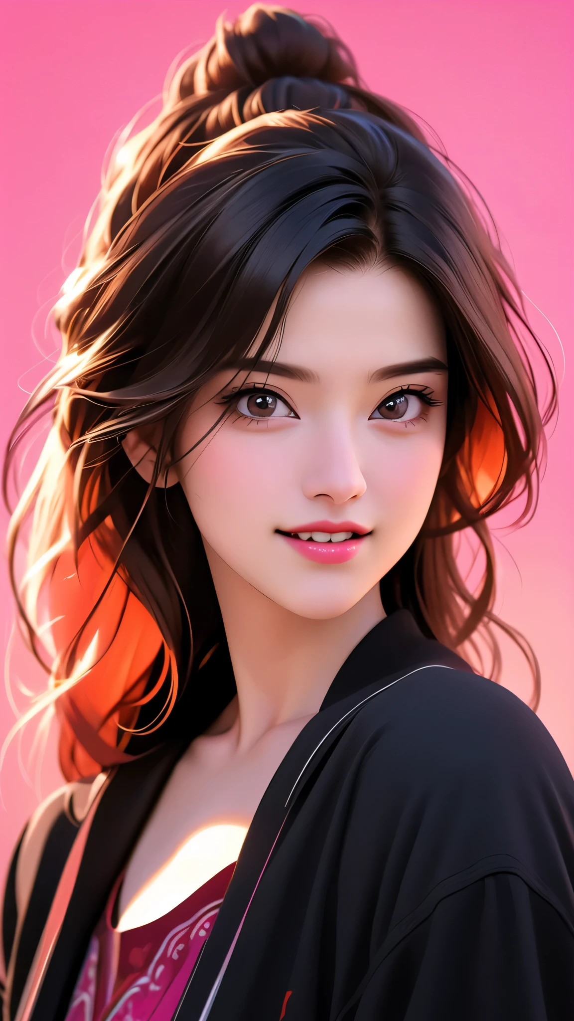 A beautiful young girl, 1girl, wearing a pink cowboy hat, long black flowing hair, open-mouthed smile revealing sharp teeth, vibrant red and pink gradient background, upper body focus, (best quality,4k,8k,highres,masterpiece:1.2),ultra-detailed,(realistic,photorealistic,photo-realistic:1.37),HDR,UHD,studio lighting,ultra-fine painting,sharp focus,physically-based rendering,extreme detail description,professional,vivid colors,bokeh,portrait