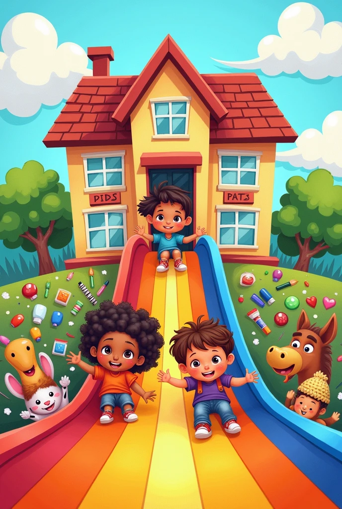 Easy drawing of children sliding down a rainbow with paintbrushes and art supplies behind a school
