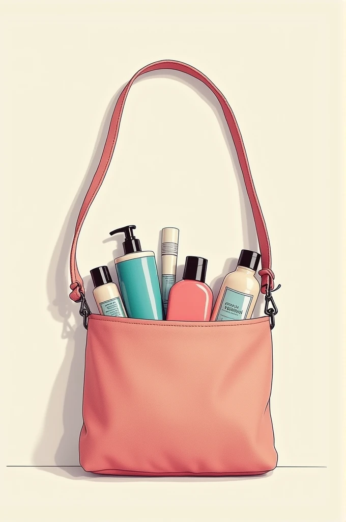 Create a small, cloth, shoulder baguette bag with a long, standing strap, without a person, without drawings, with feminine products coming out of it and some underneath as well. The idea is that it is a practical bag to take anywhere and that fits everything a woman needs. a real bag