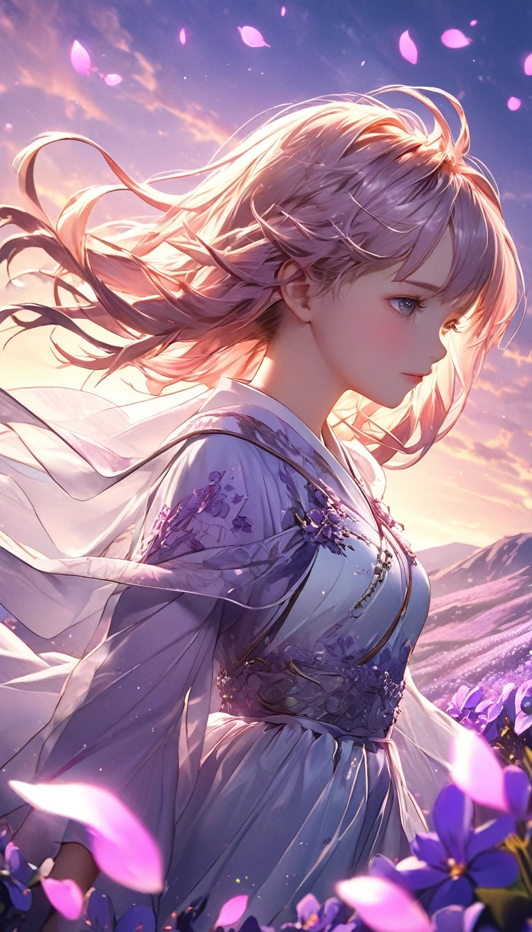 3D anime art, young woman on a hill covered in luminescent purple flowers, wind blowing through her hair, petals floating around, magical twilight setting, intricate details, glowing elements, vibrant and serene, high resolution