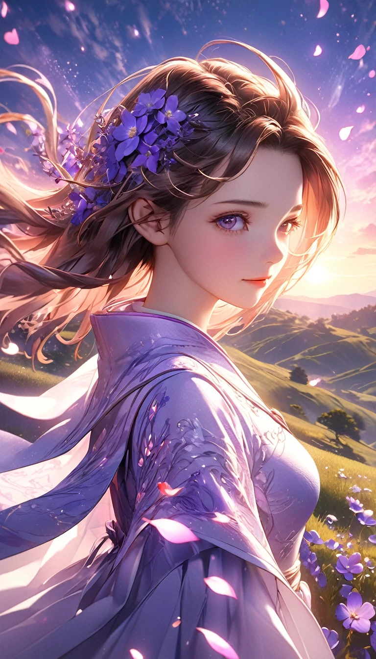 3D anime art, young woman on a hill covered in luminescent purple flowers, wind blowing through her hair, petals floating around, magical twilight setting, intricate details, glowing elements, vibrant and serene, high resolution