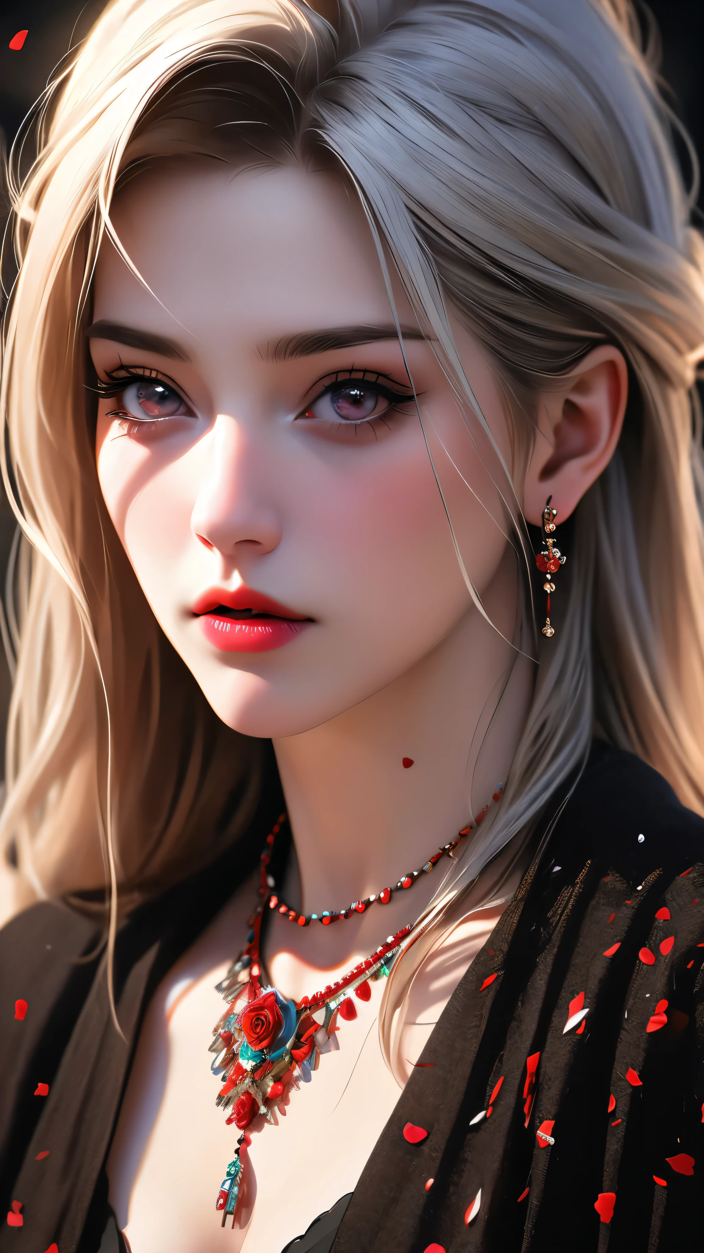beautiful detailed eyes, beautiful detailed lips, extremely detailed eyes and face, long eyelashes, 1 girl, blood, solo, , blood on face, jewelry, red eyes, cleavagm breasts, necklas, blood splatter, realistic, upper body, petals, long hair, red lips, blood on clothes, white hair, rose petals, (best quality,4k,8k,highres,masterpiece:1.2),ultra-detailed,(realistic,photorealistic,photo-realistic:1.37),vivid colors,portrait,horror,dark fantasy