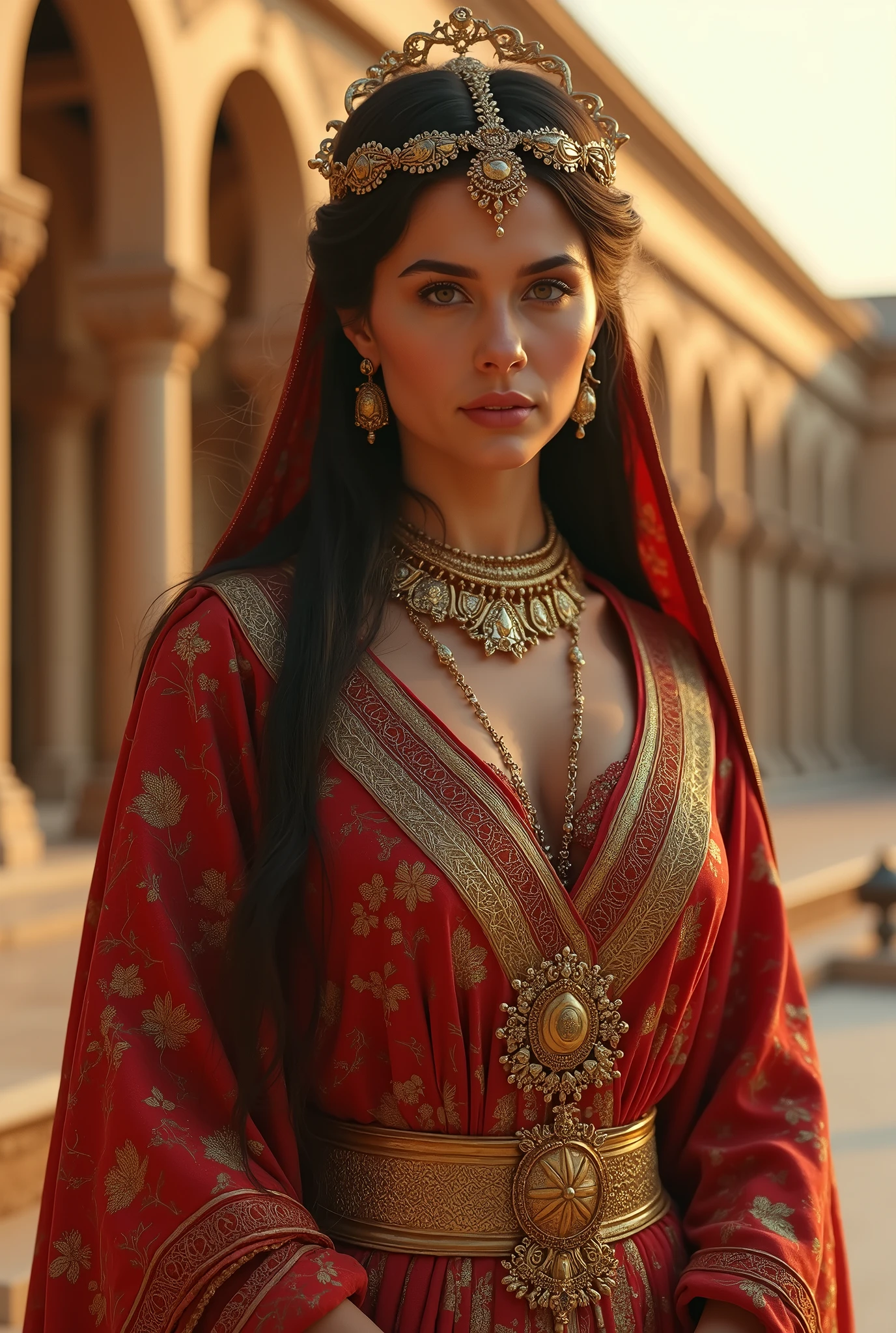 "Courtesans of the Achaemenid Empire, in their resplendent attire, embodying the opulence and cultural richness of one of history's greatest empires, adorned in luxurious fabrics and intricate jewelry, their beauty and elegance a testament to the sophisticated aesthetics of the Achaemenid period, set against the backdrop of a majestic Persian palace, in a photorealistic image, capturing the grandeur and historical depth, full body shot, 85mm lens, golden hour lighting to accentuate the intricate details of their attire and the architectural beauty, high resolution 8K, showcasing the blend of power, culture, and beauty (opulence and cultural richness:1.3), (Achaemenid aesthetics:1.2), (golden hour lighting:1.25)"