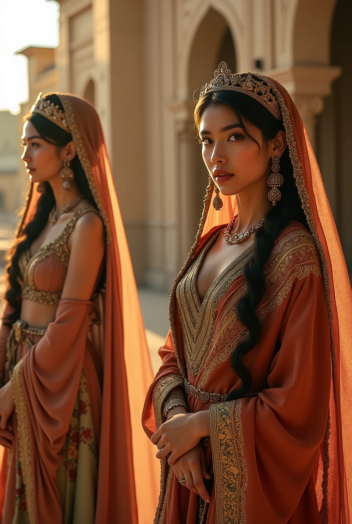 "Courtesans of the Achaemenid Empire, in their resplendent attire, embodying the opulence and cultural richness of one of history's greatest empires, adorned in luxurious fabrics and intricate jewelry, their beauty and elegance a testament to the sophisticated aesthetics of the Achaemenid period, set against the backdrop of a majestic Persian palace, in a photorealistic image, capturing the grandeur and historical depth, full body shot, 85mm lens, golden hour lighting to accentuate the intricate details of their attire and the architectural beauty, high resolution 8K, showcasing the blend of power, culture, and beauty (opulence and cultural richness:1.3), (Achaemenid aesthetics:1.2), (golden hour lighting:1.25)"
