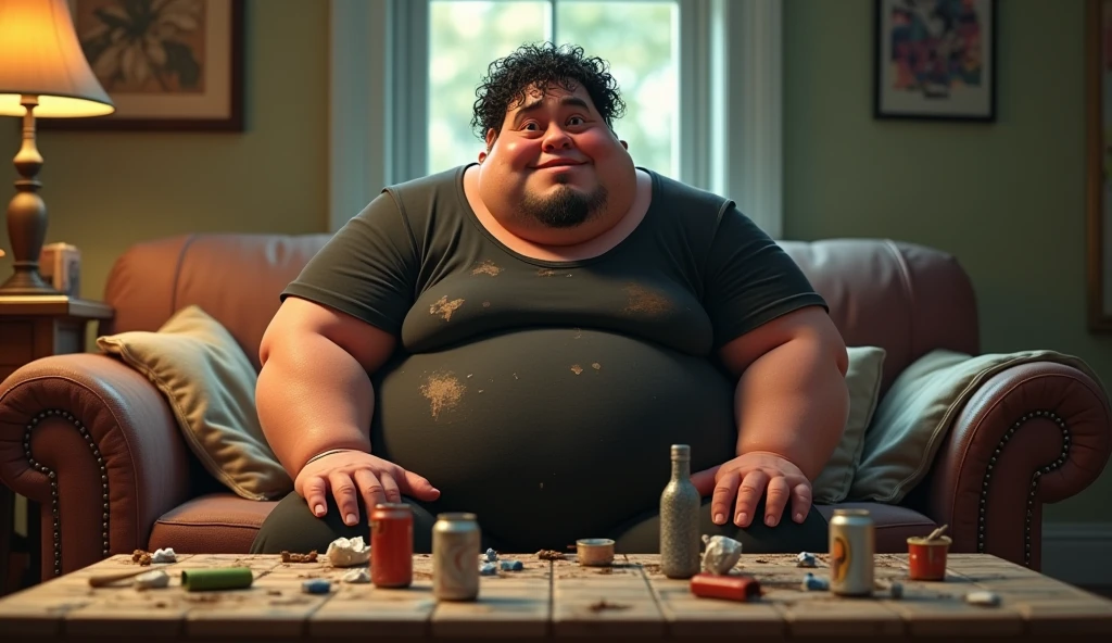 Im Stil von Pixar 3D-Animation filmen (Caricature). An extremely obese 30-year-old on a dirty sofa. He wears sweatpants and a stained black band shirt with sweat stains. His lower jaw protrudes to the overbite, his hair is black and curly, he has a three-day beard. In front of him a tiled table with waste, Beverage cans and a streaming microphone. The room is very messy and dirty.