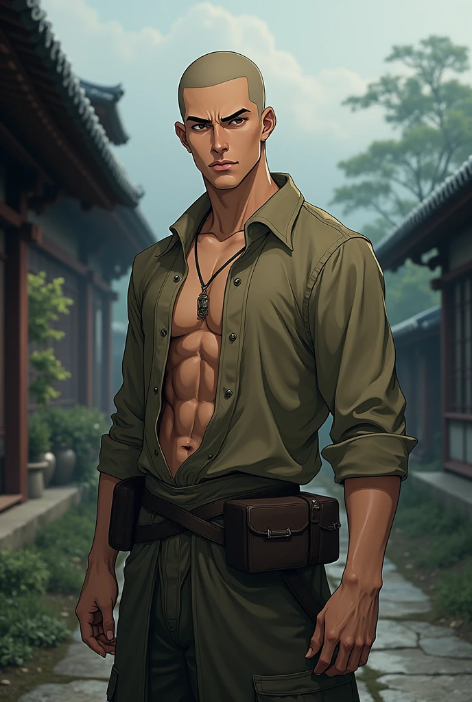 Young man, , 1,79 tall, 78 kilos, shaved hair, Caucasian skin, plain clothes and brown eyes, Demon Slayer anime style.