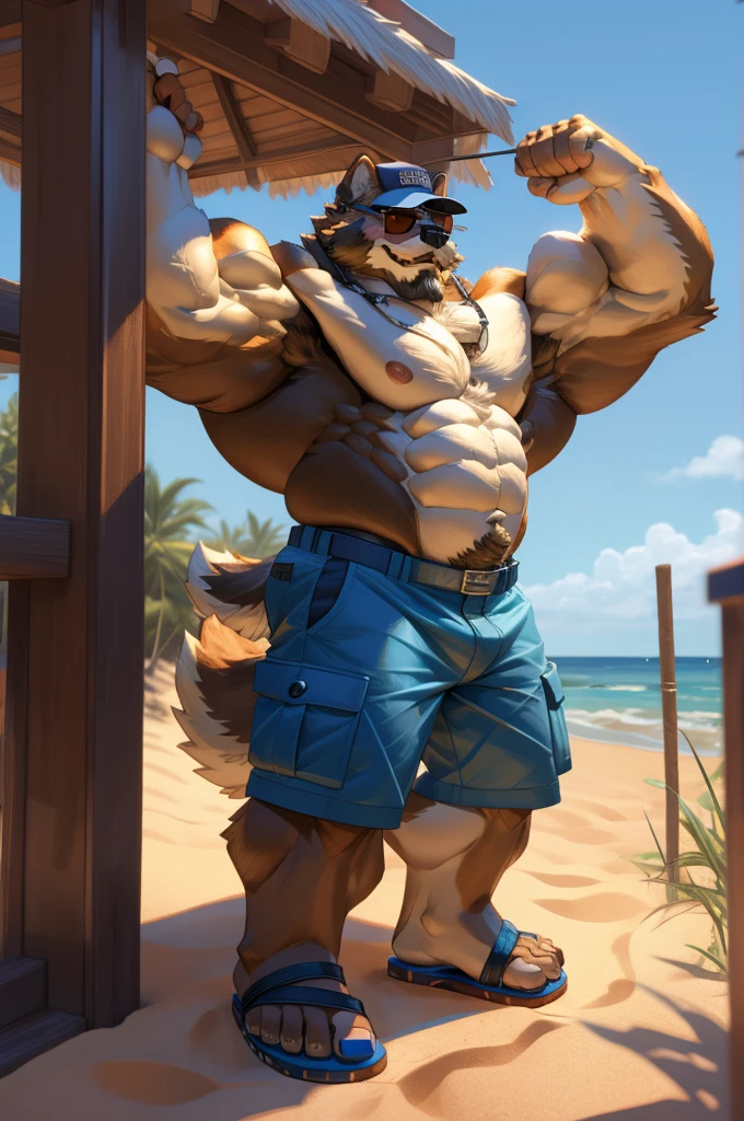 1boy, 1man, solo, a (furry Shiba Inu) standing, flexing muscle,,(face, detailed face, bearded, white beard, thick mustache), (sunglasses, sandals, baseball hat), beach, massive muscular , sixpack , (topless, shirtless, cargo shorts), well-muscled old man. ((thick arms, huge pec, huge arms)), wide smiling. Add textures and details to make the image more realistic, such as the appearance of the. Make sure the resulting image is high resolution, 8K quality