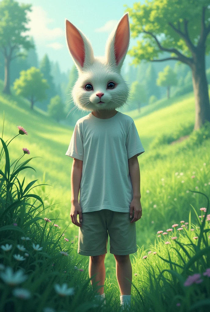 with shorts and white shirt and rabbit mask giving like in a green field anime
