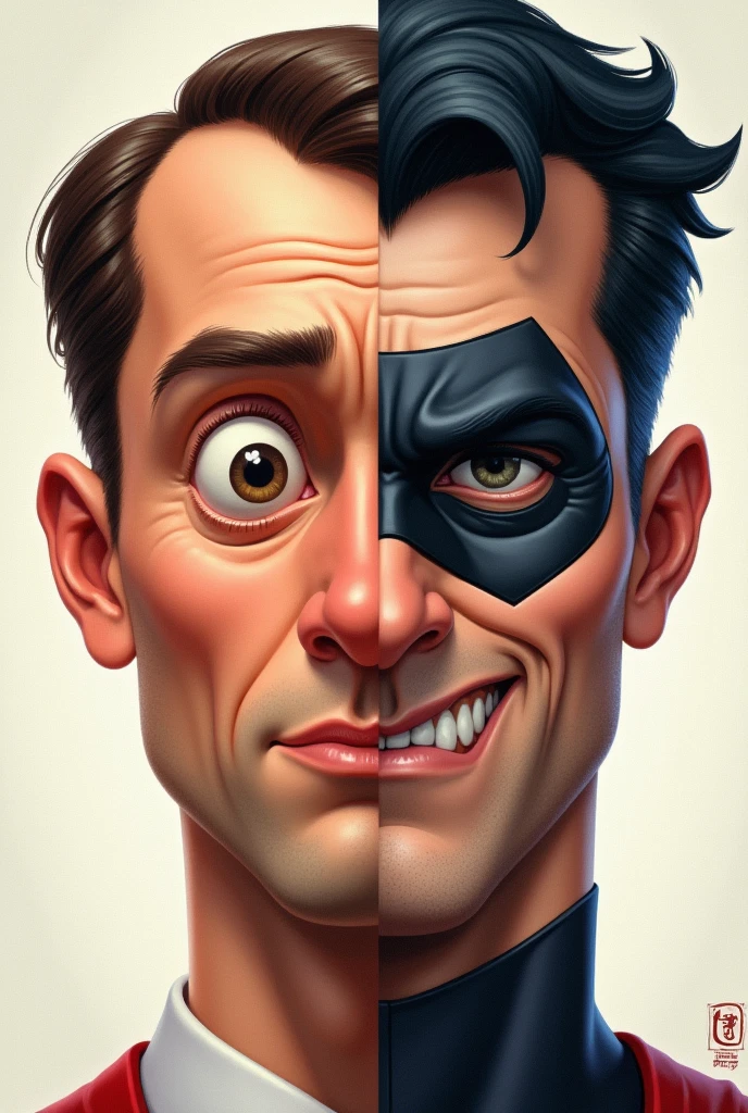 A divided but at the same time united face of four characters of the league of justice in caricature