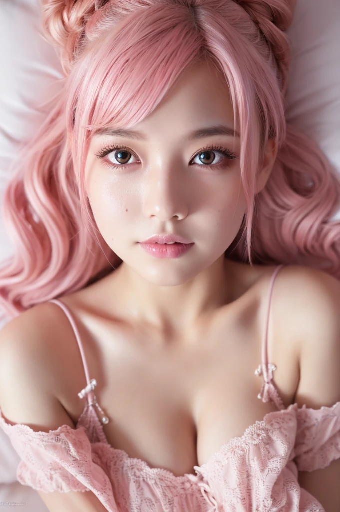 8k, RAW photo, best quality, masterpiece:1.2), (realistic, photo-realistic:1.4), (extremely detailed 8k wallpaper), japanese 20 age woman,Ultra-detailed cute face, Detailed eyes, Double eyelid,chemise, full body,(topknot, Huge breasts :1.2,(pink hair ),Tears mole),View from above,lying on the bed,cute hair