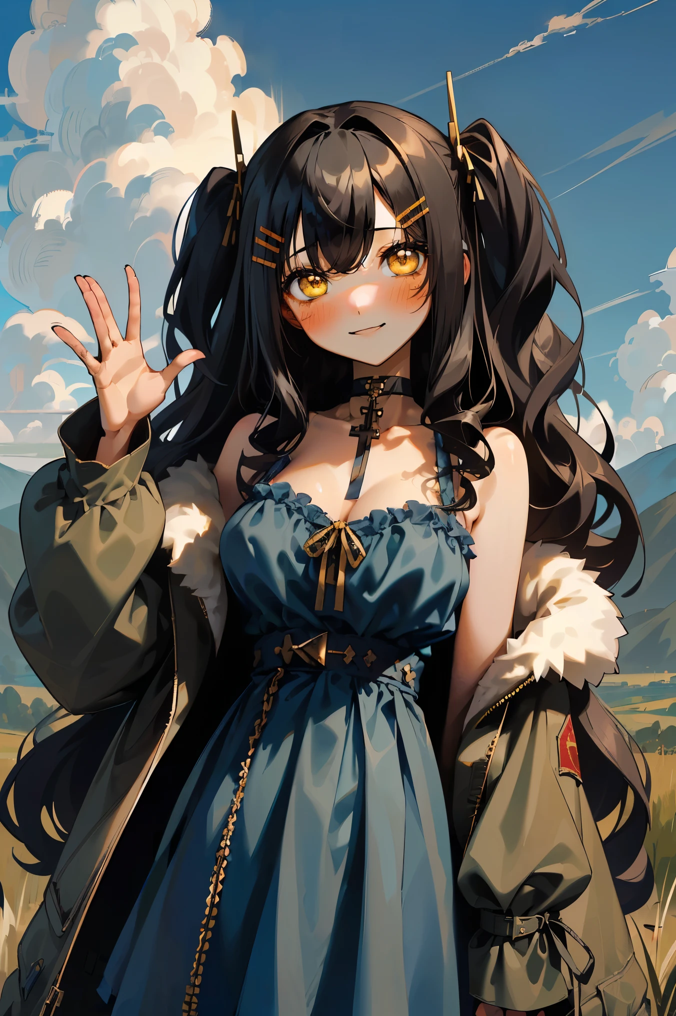 (masterpiece:1.2), (high quality:1.2), girls with((1girl, solo, black hair, yellow eyes, (wavy long hair, one side up, hairclips:1.3), blush, breasts, choker, cleavage, coat, cowboy shot, blue lace dress, camisole, ribbon waist belt, black ribbon belt, red bow, red ribbon, neck ribbon, collar, collarbone, rosary, rosary choker, cross, fur, fur trim, parka, khaki hoodie, green hoodie, khaki jacket, hood down, hooded coat, hooded jacket, hoodie, jacket, large breasts, long sleeves, medium breasts, open clothes, open coat,open hoodie, sleeveless, winter clothes, zipper, cleavage, upper body, hand up, waving, palm)), background with((architecture, blue sky, bush, castle, village, no humans, cloud, cloudy sky, day, field, garden, grass, hill, house, lamppost, landscape, mountain, mountainous horizon, nature, no humans, outdoors, scenery, shrine, sky))