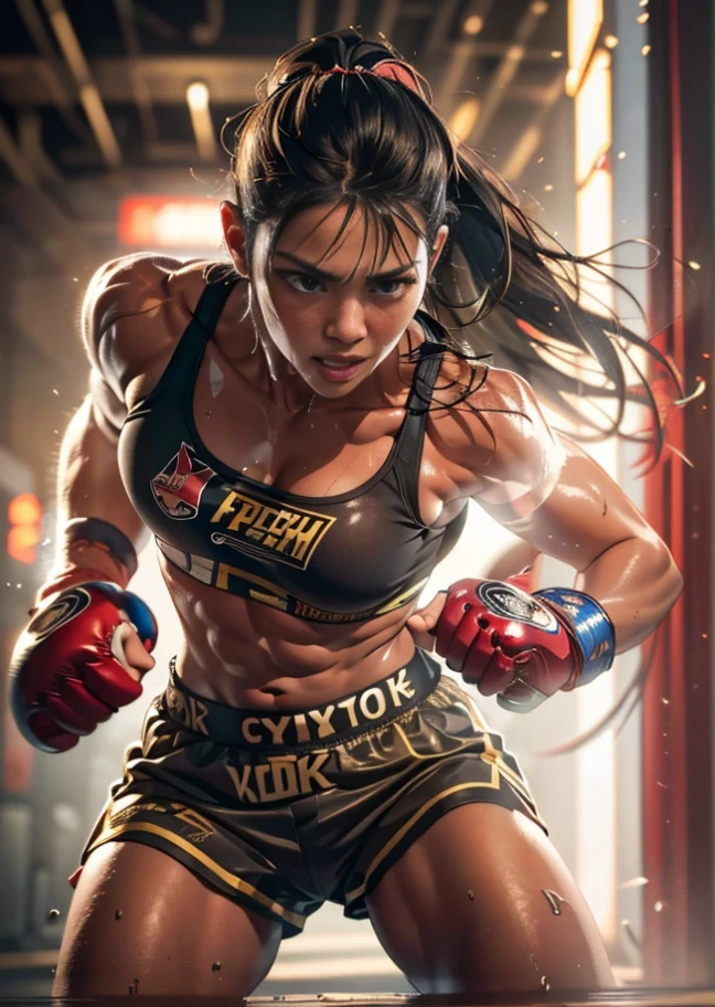 a female muay thai fighter, knockout, intense action, muscular physique, detailed face, beautiful eyes, gritted teeth, sweat, dramatic lighting, cinematic composition, hyper-realistic, 8k, photorealistic, masterpiece