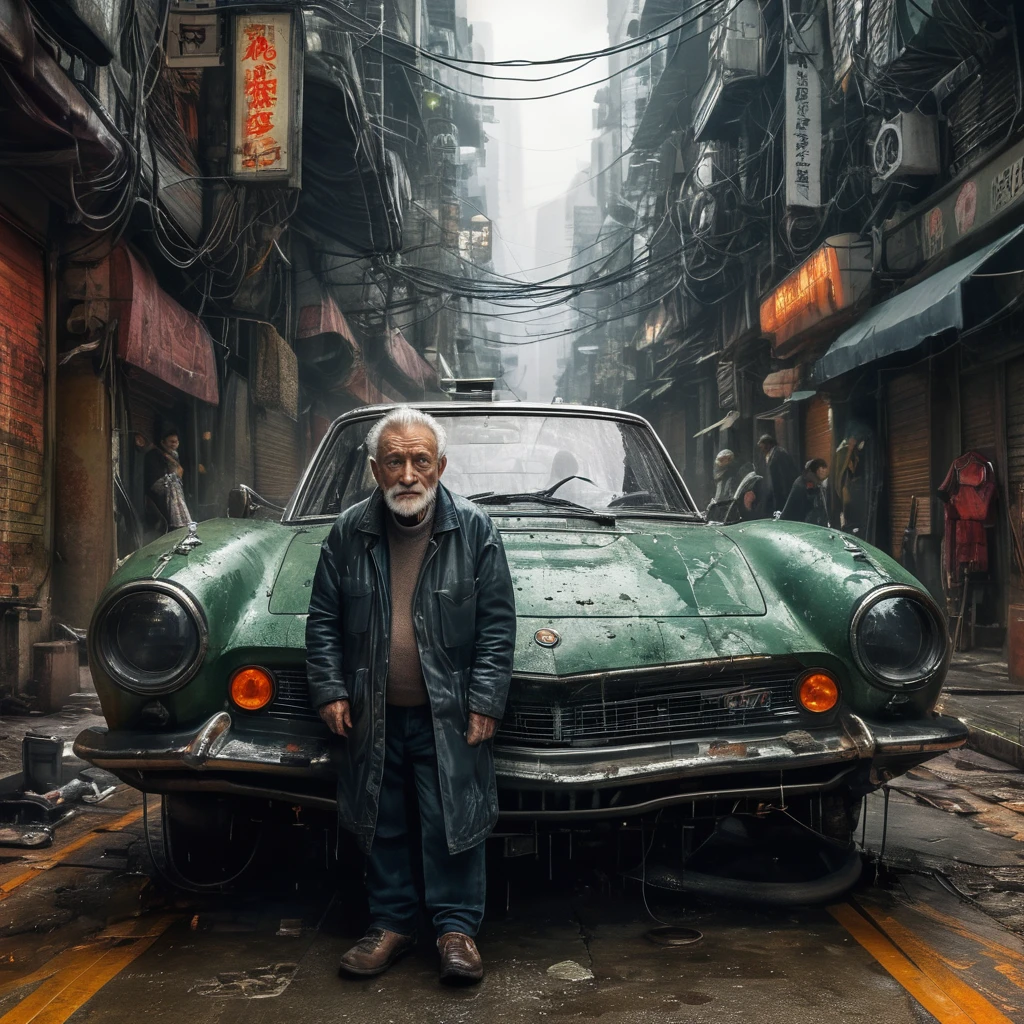 (masterpiece, 8k, best quality:1.2), album cover shoot, photorealistic, hyper detailed, cinematic, sad, arri alexa 65, film, portra 400, an old man, the old is in the middle of a distopian blade runner type street, the old man is the very essence of "broken and bowed", neon and haze and cars and flying cars and people all ignoring this , night time,