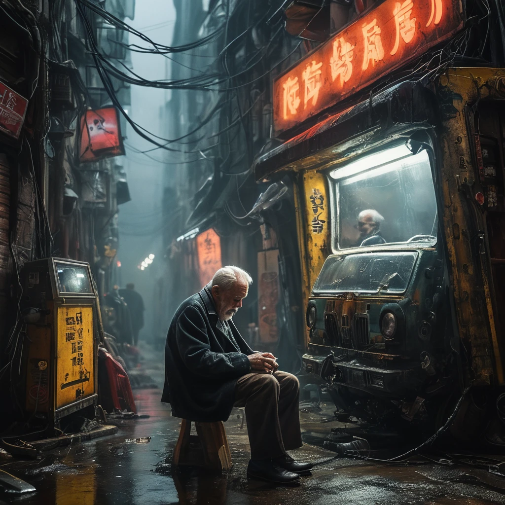 (masterpiece, 8k, best quality:1.2), album cover shoot, photorealistic, hyper detailed, cinematic, sad, arri alexa 65, film, portra 400, an old man, the old is in the middle of a distopian blade runner type street, the old man is the very essence of "broken and bowed", neon and haze and cars and flying cars and people all ignoring this baby, night time,